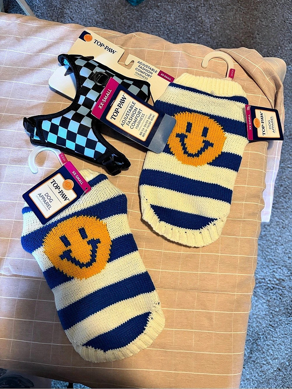 XXS Top Paw Adjustable Fashion Comfort Harness and Striped Smiley Dog Sweaterd